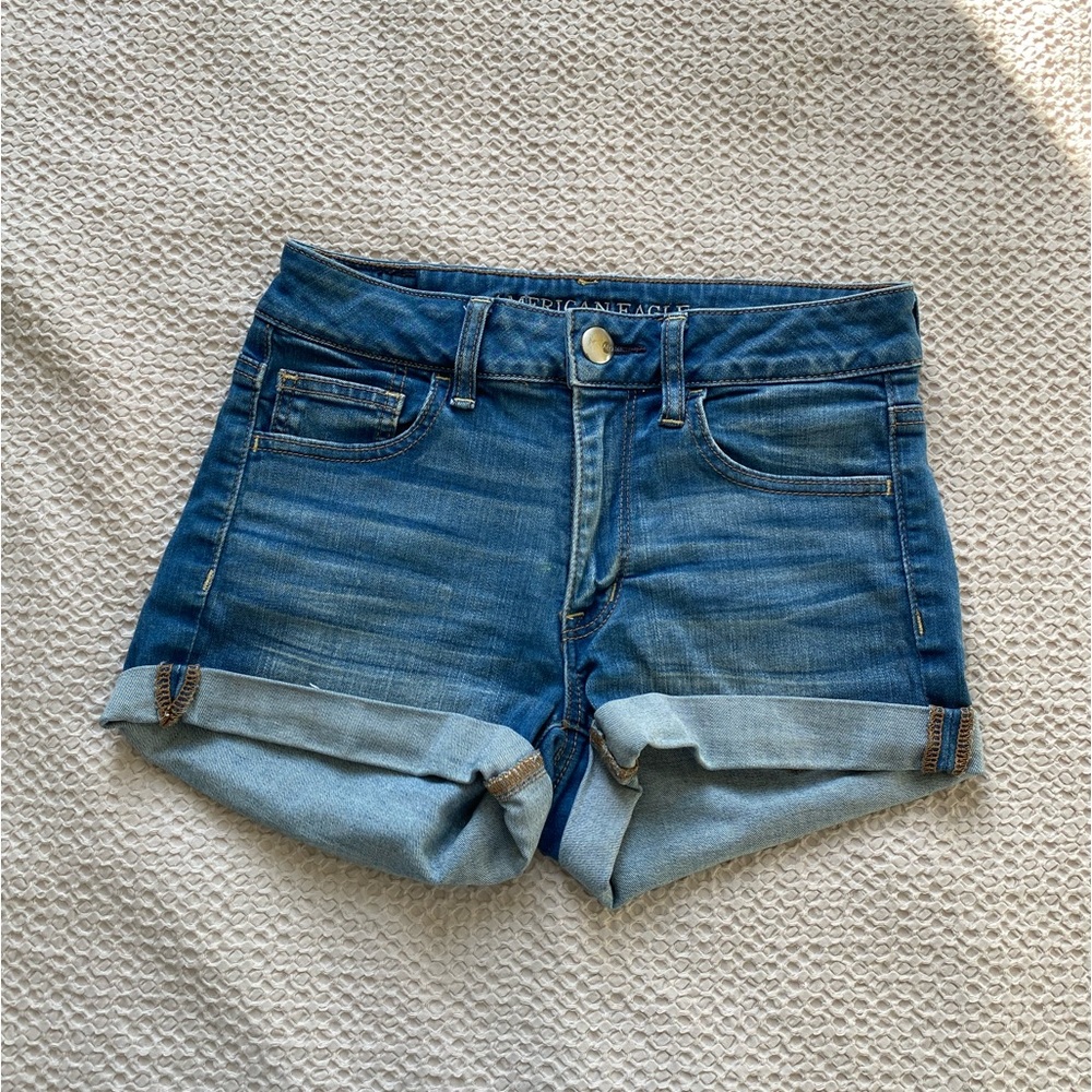 American Eagle Super Stretch Hi Rise Shortie Medium Wash Jean Shorts